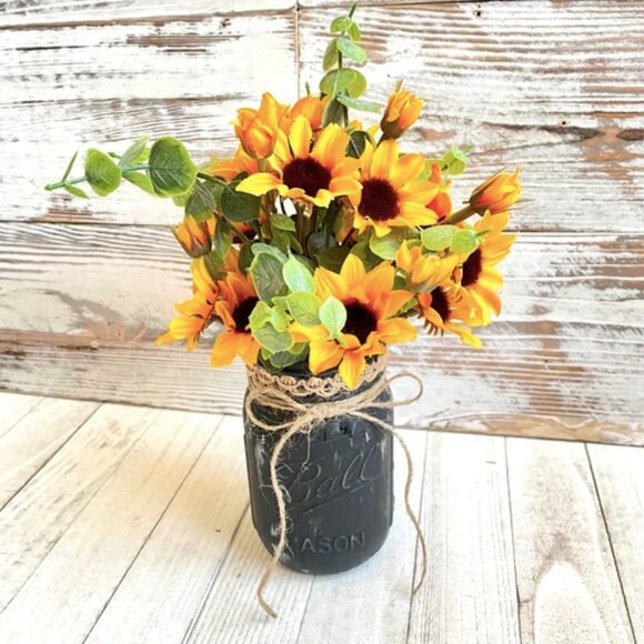 Handmade Black Mason Jar Vase w/ Faux Sunflower Floral & Jute Twine Bow - Picture 1 of 1